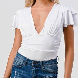 Ruffle cap sleeve deep v-neck solid stretchy elastic bodysuit
